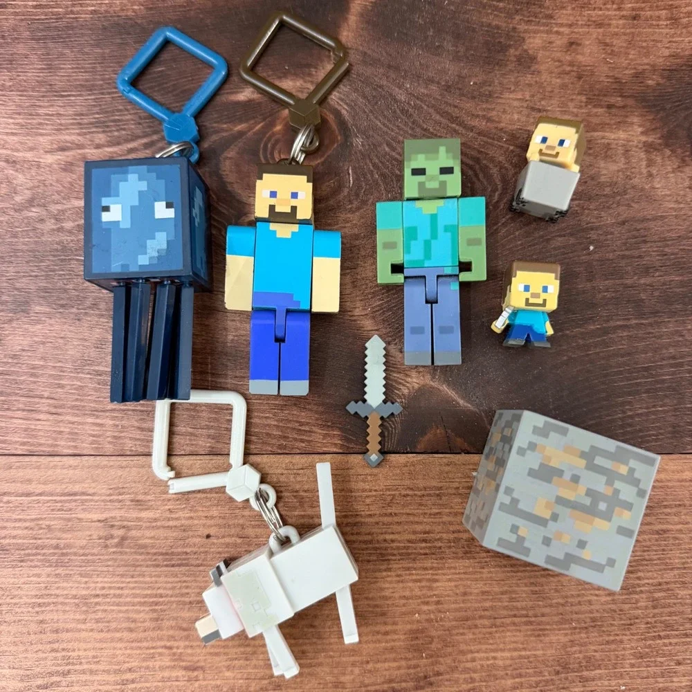 Minecraft Figure Lot Steve Zombie Squid Wolf Ore Block Keychains 8pc Set